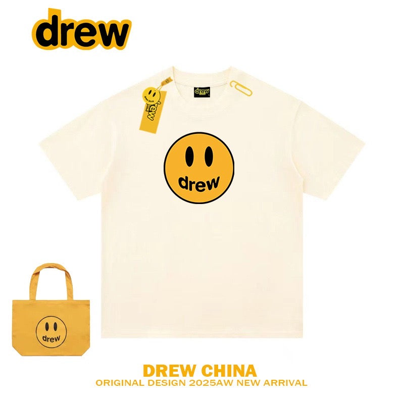 Drew American Trendy Brand Smiley Face Printed Heavy Short-Sleeved T-Shirt for Women and Men High Street Loose Couple Half-Sleeved T-Shirt Top