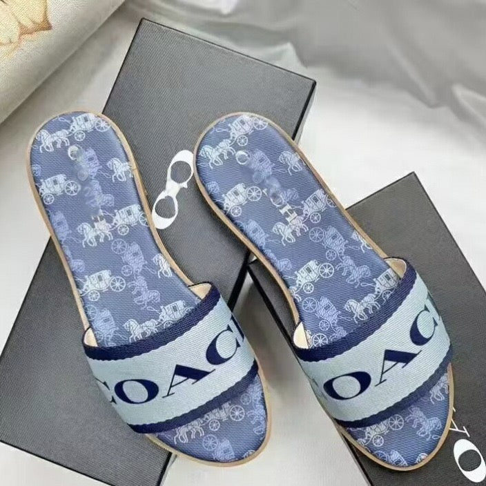 Coach Blue & White Logo Slide Sandals