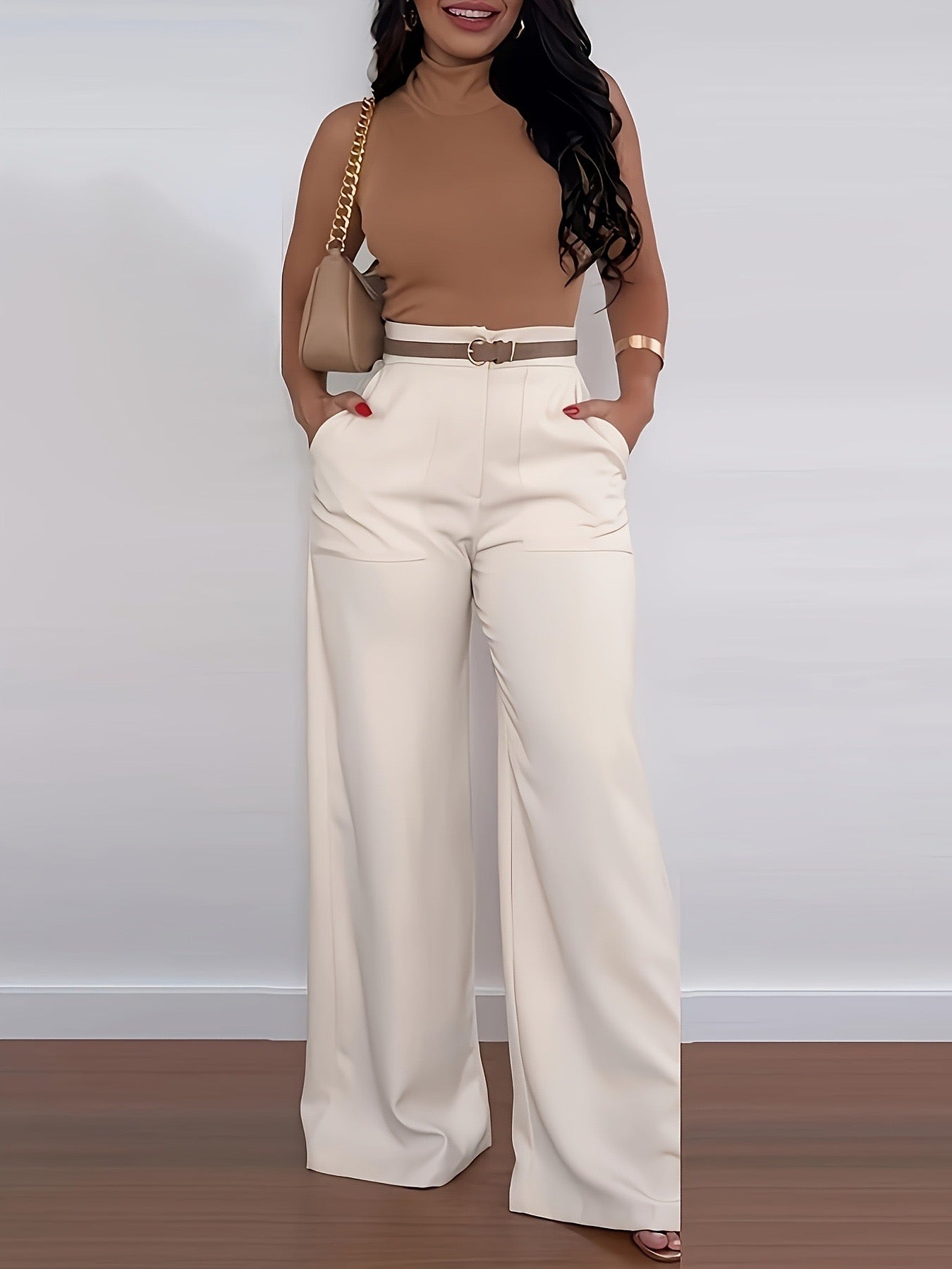 Chic Camel Top & Cream Wide-Leg Trousers Set SShopoza