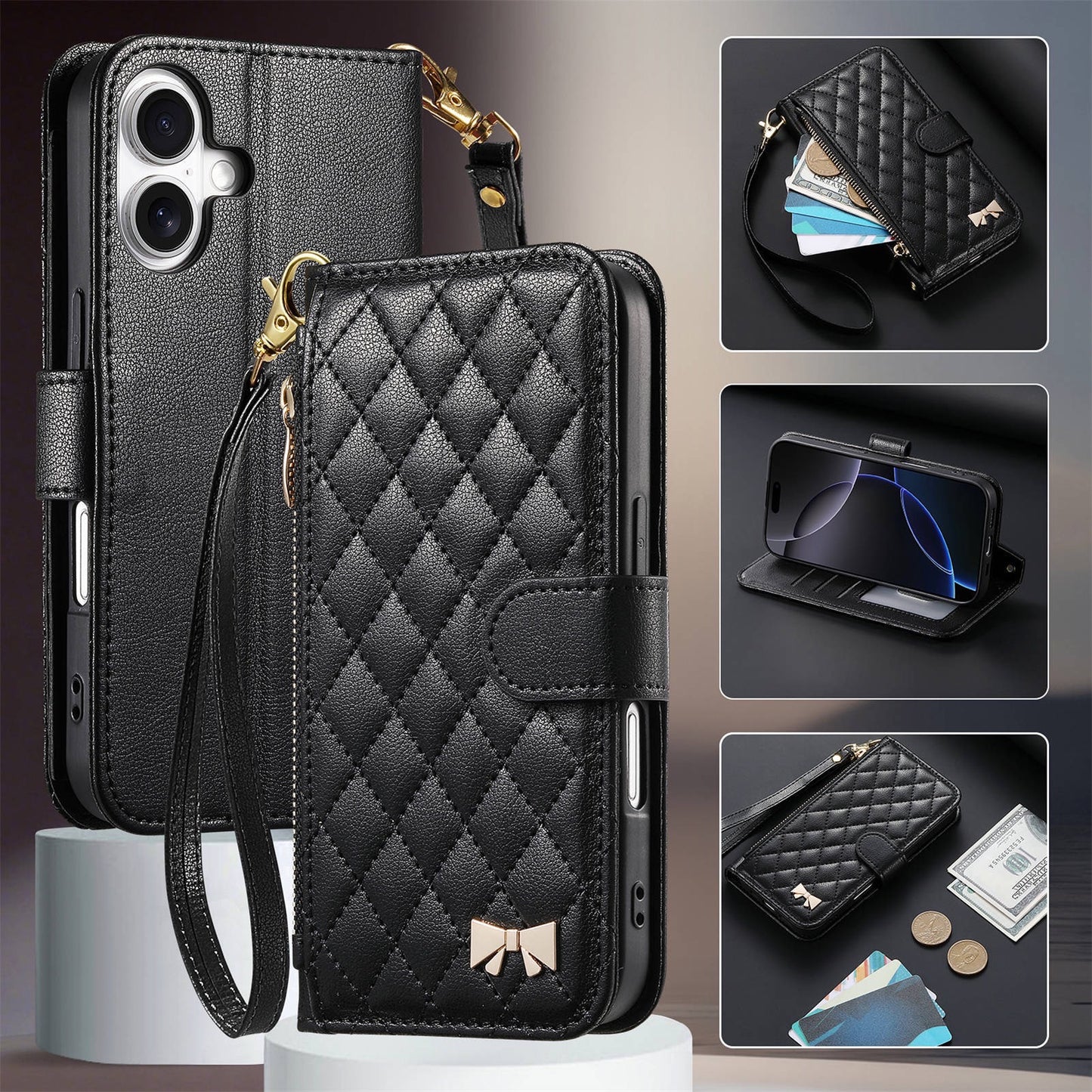 New High-Quality Small Fragrance Style Suitable for Iphone17 Flip Phone Leather Case Long Hand Rope 15 Storage Apple 16 Case