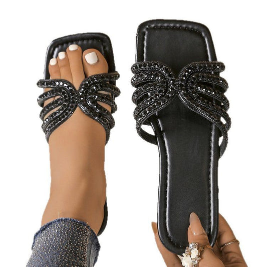 Black Rhinestone Slip-On Sandals ( fille )