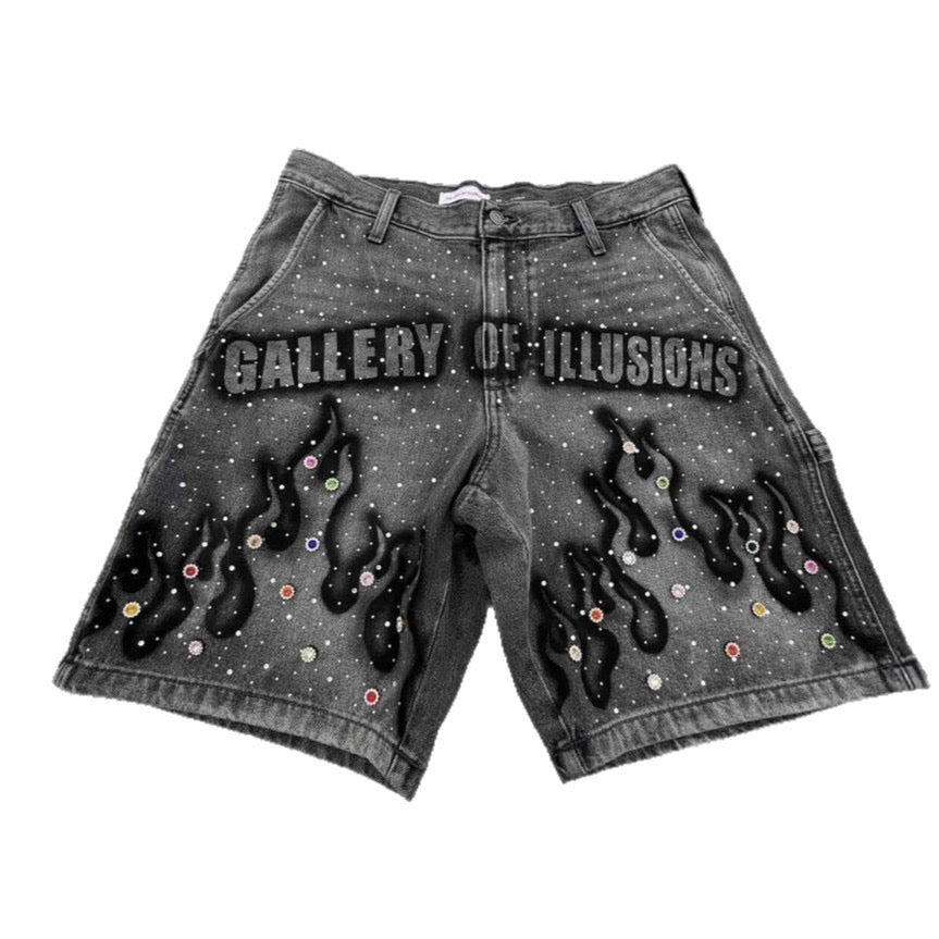 Y2K Cross-Border Export Summer High Street Trendy Men's Shorts Hand-Painted Printed Hot Diamond Loose Denim Shorts for Men
