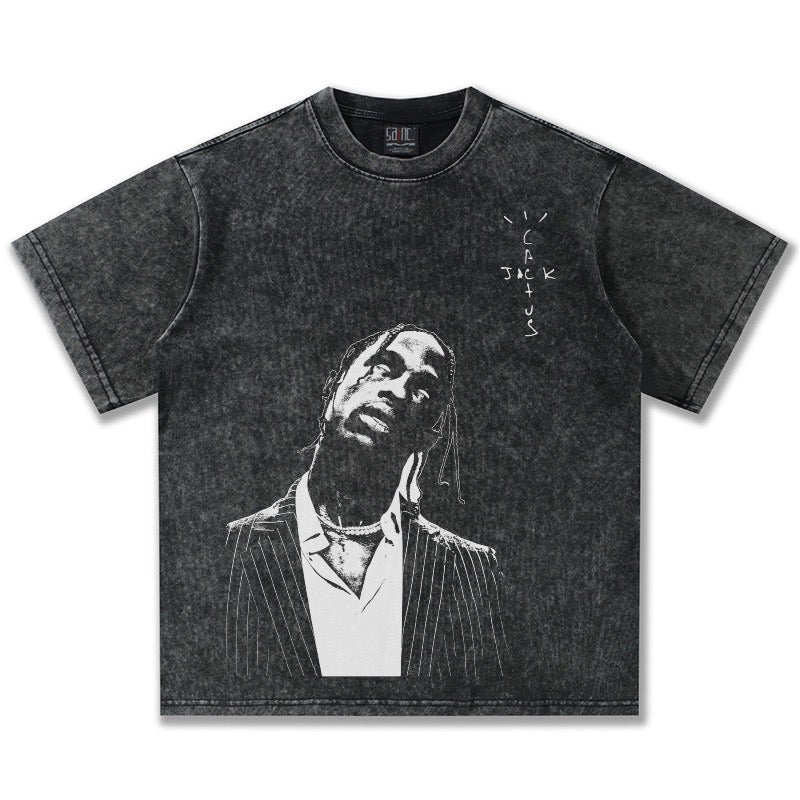 2026 Cross-border Summer Travis Scott American Short-sleeved Heavy Men's T-shirt Direct Injection Printed Short-sleeved Men's