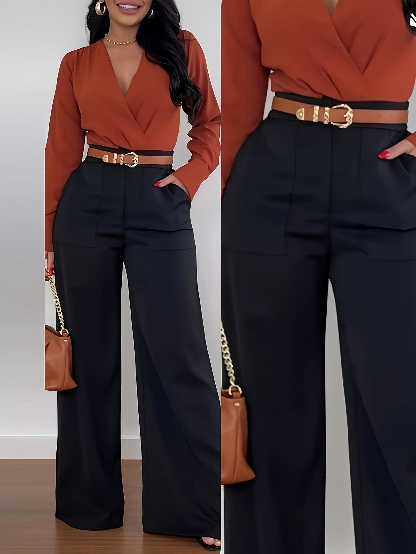 Chic Camel Top & Cream Wide-Leg Trousers Set SShopoza
