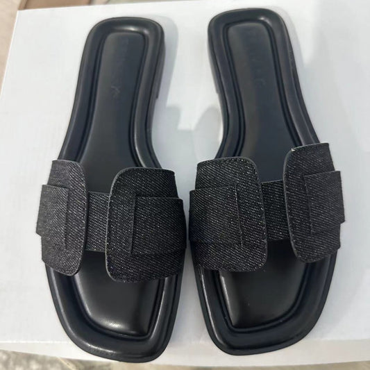 New Women’s Black Strap Slip-On Sandals ( fille)