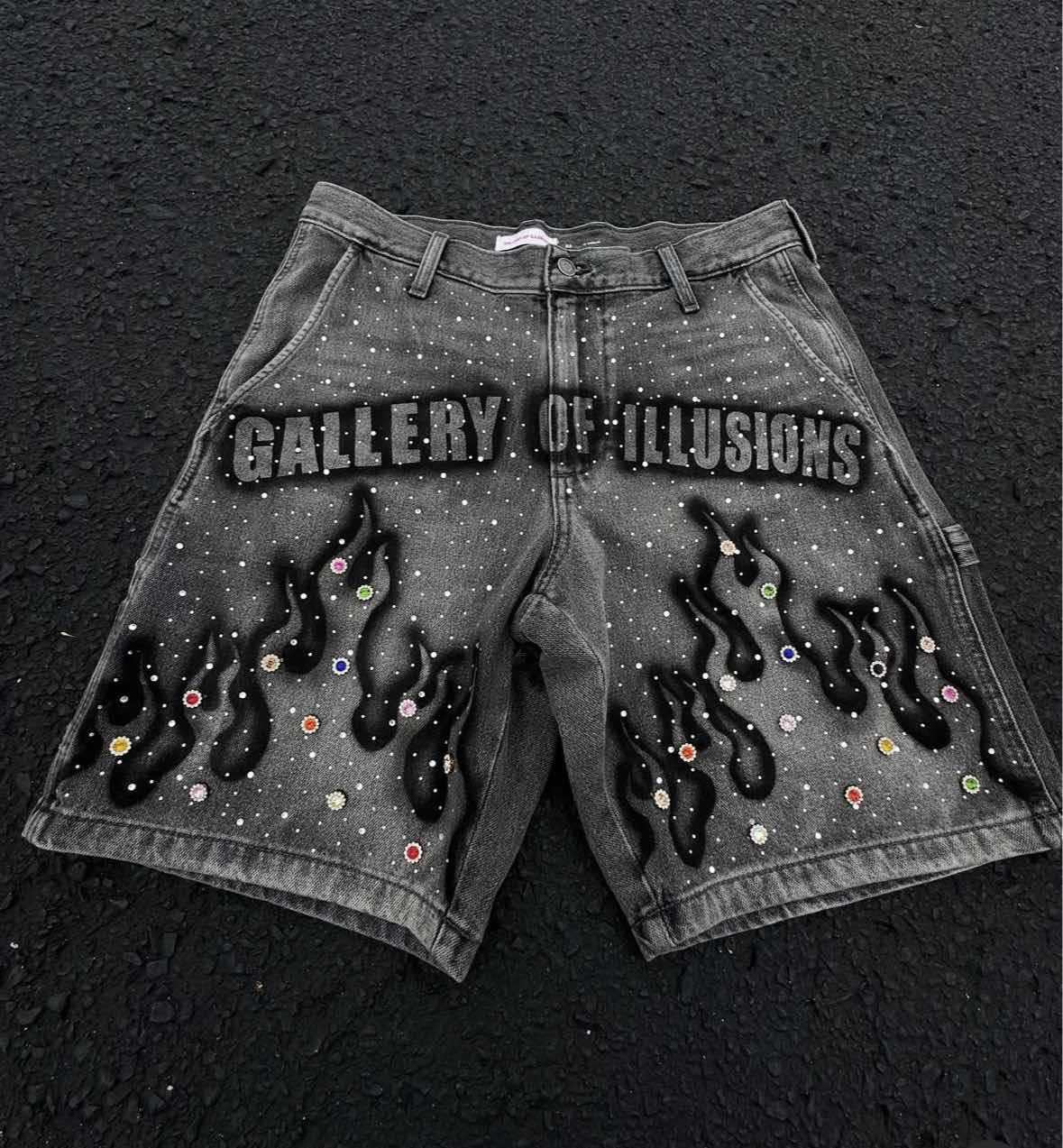 Y2K Cross-Border Export Summer High Street Trendy Men's Shorts Hand-Painted Printed Hot Diamond Loose Denim Shorts for Men