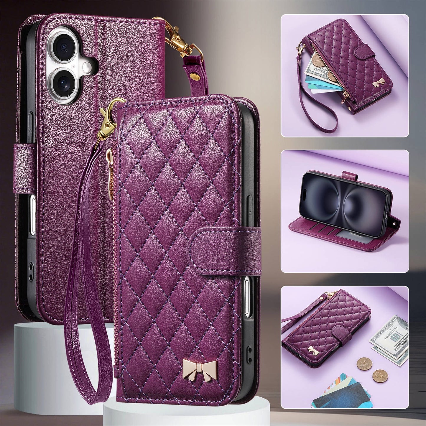 New High-Quality Small Fragrance Style Suitable for Iphone17 Flip Phone Leather Case Long Hand Rope 15 Storage Apple 16 Case