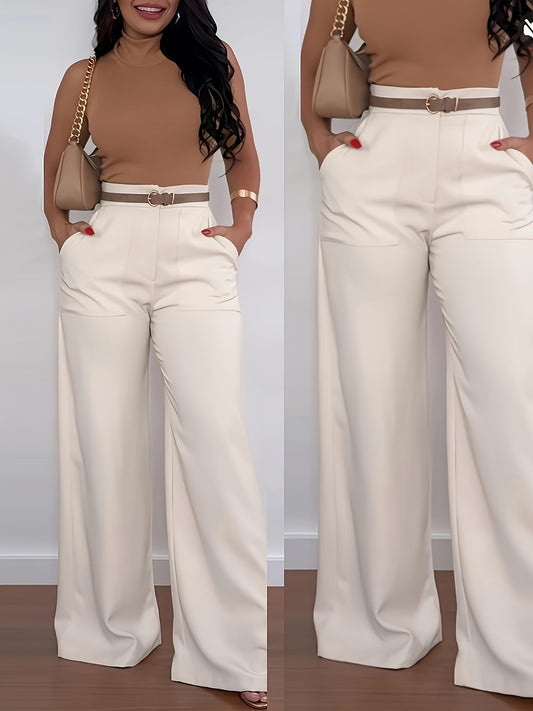 Chic Camel Top & Cream Wide-Leg Trousers Set SShopoza