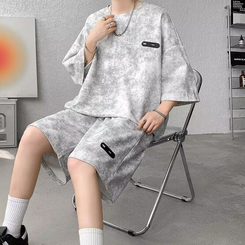 Summer Suit Men's Niche Design Tie-Dye Three-Quarter Sleeve T-Shirt Shorts Trendyy Cool and Handsome Plus Size Men's Clothing Set