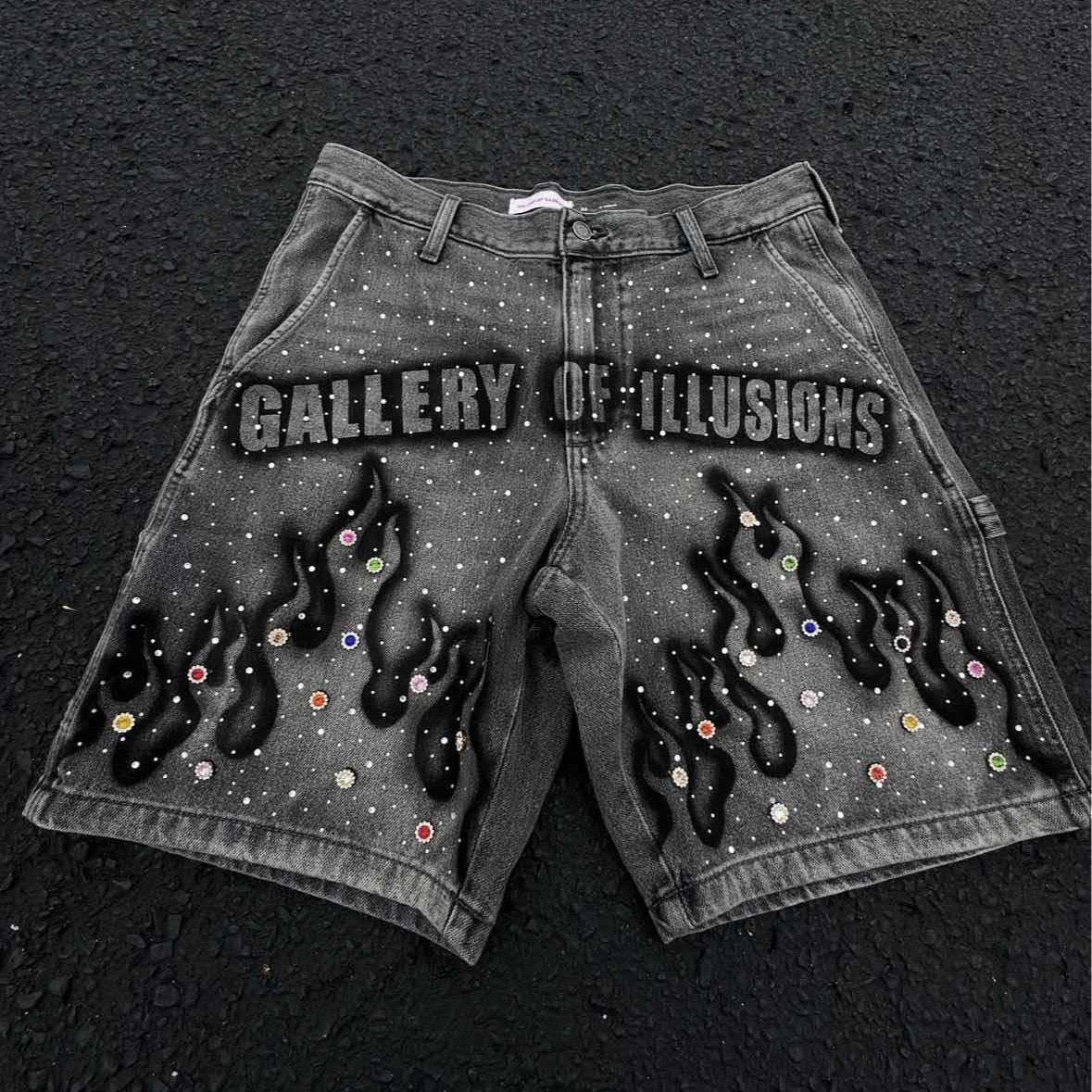 Y2K Cross-Border Export Summer High Street Trendy Men's Shorts Hand-Painted Printed Hot Diamond Loose Denim Shorts for Men