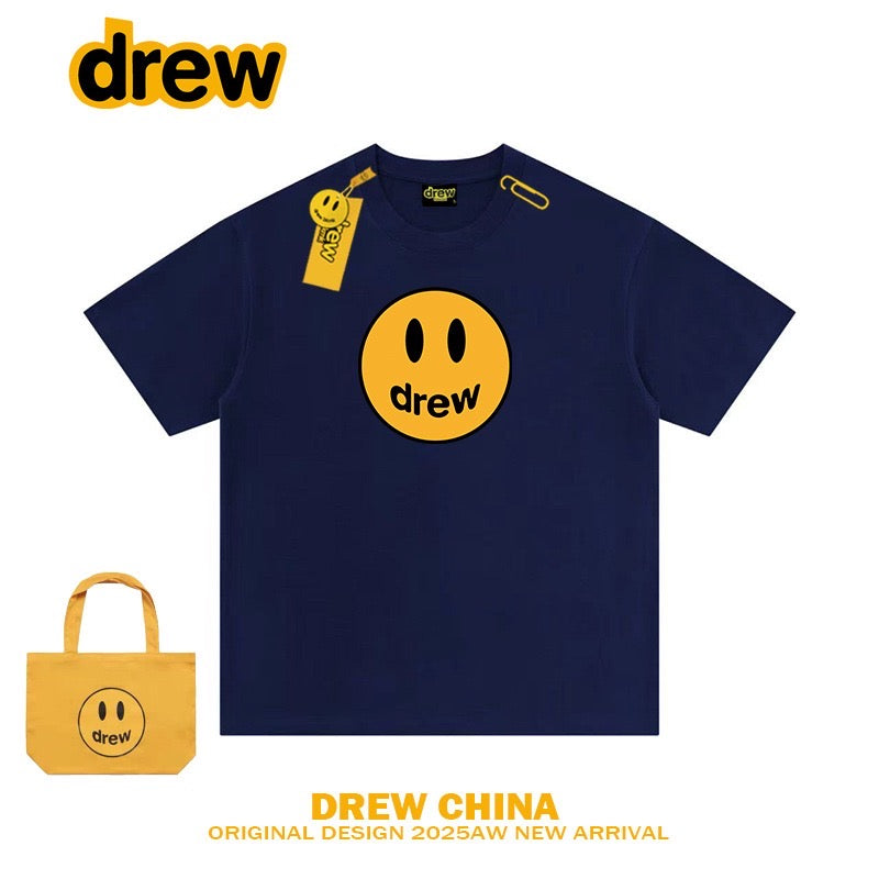 Drew American Trendy Brand Smiley Face Printed Heavy Short-Sleeved T-Shirt for Women and Men High Street Loose Couple Half-Sleeved T-Shirt Top