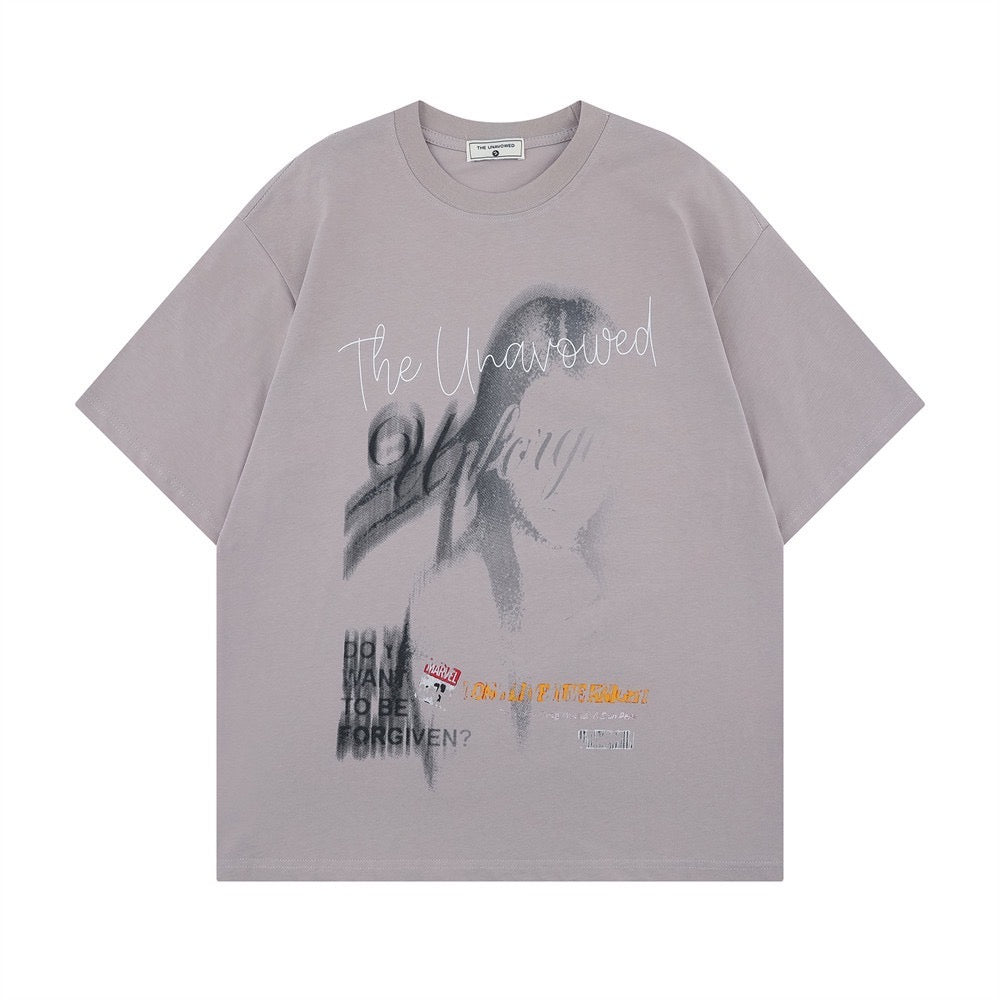 Abstract Figure Print Short-sleeved T-shirt Men's Summer Loose Dark Style Trendy Brand Ins Casual Crewneck Breathable T-shirt