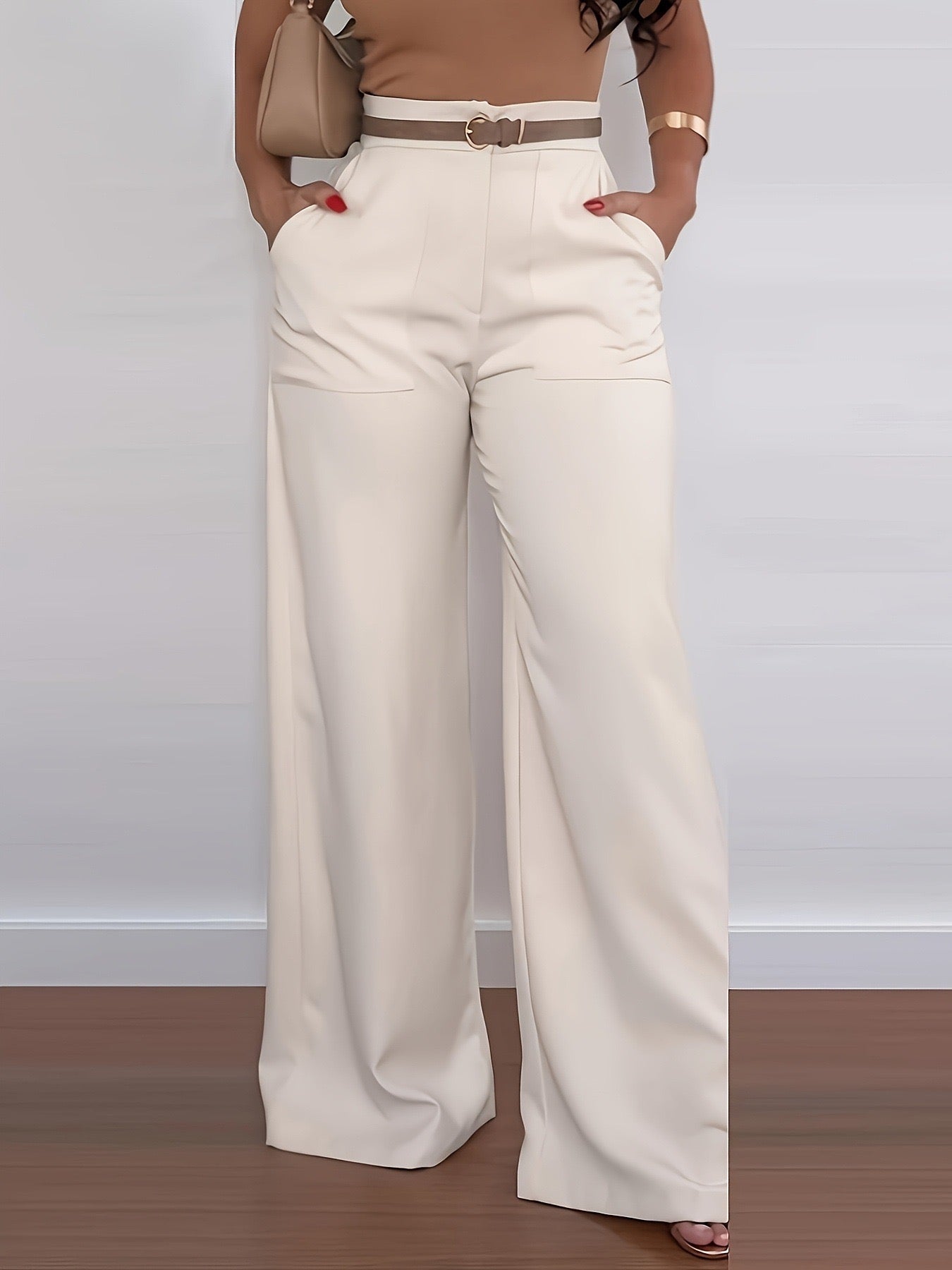 Chic Camel Top & Cream Wide-Leg Trousers Set SShopoza