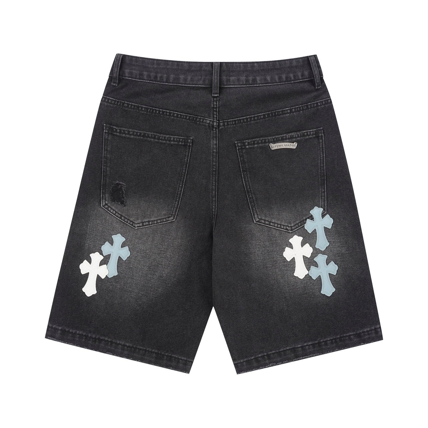 Chrome Hearts Cross Patch Distressed Denim Shorts