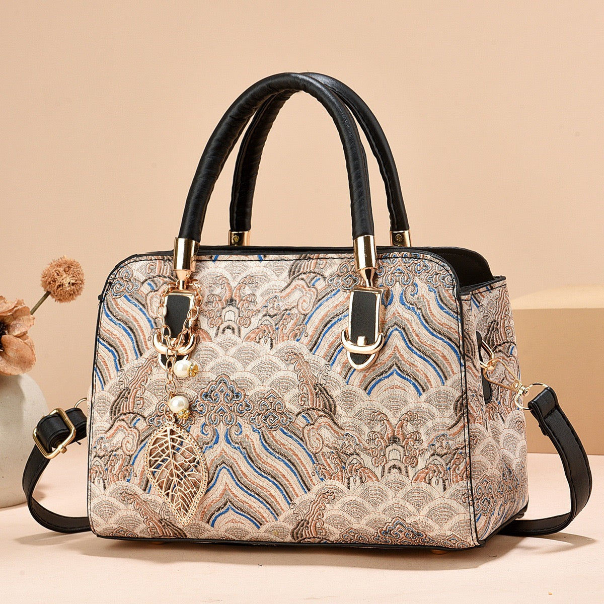 Elegant Embroidered Wave Handbag