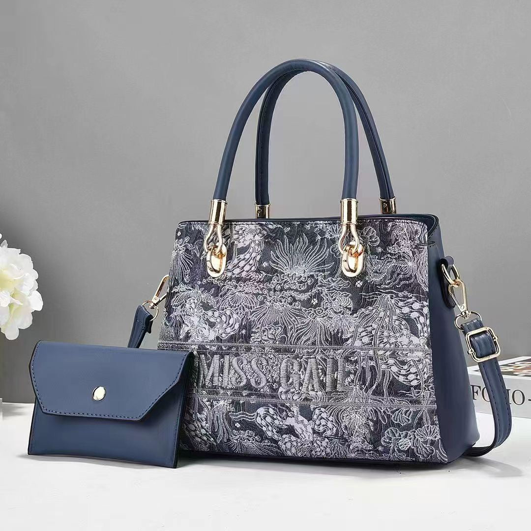 MISS GALE Embroidered Handbag & Wallet Set – Midnight Blue Elegance