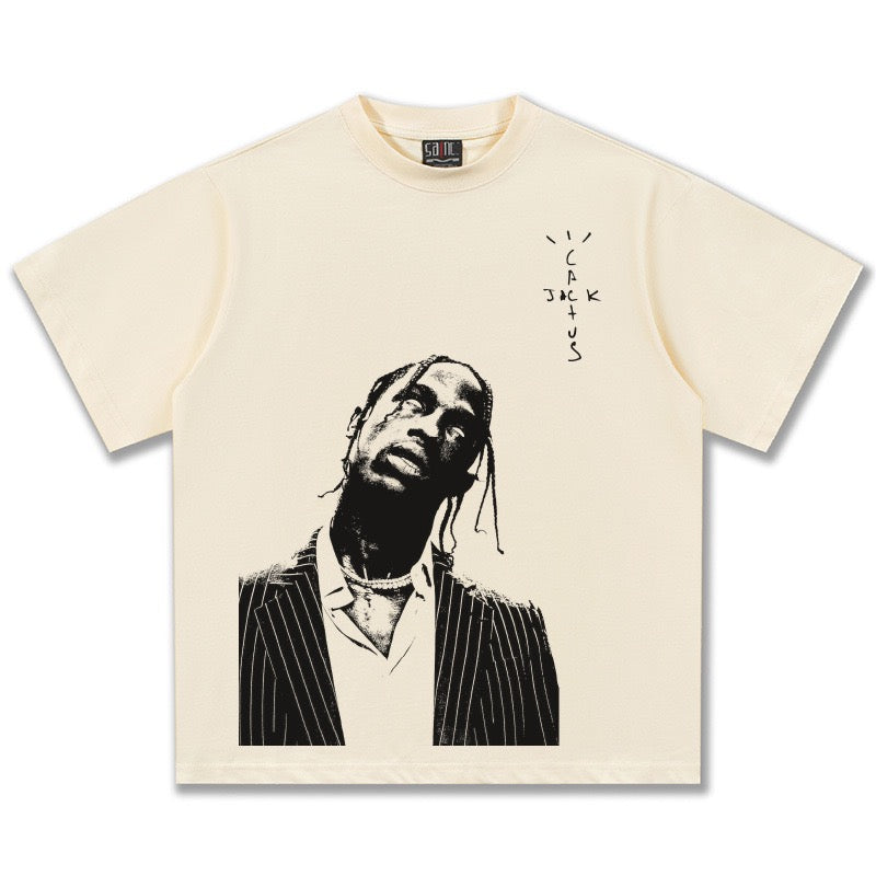2026 Cross-border Summer Travis Scott American Short-sleeved Heavy Men's T-shirt Direct Injection Printed Short-sleeved Men's