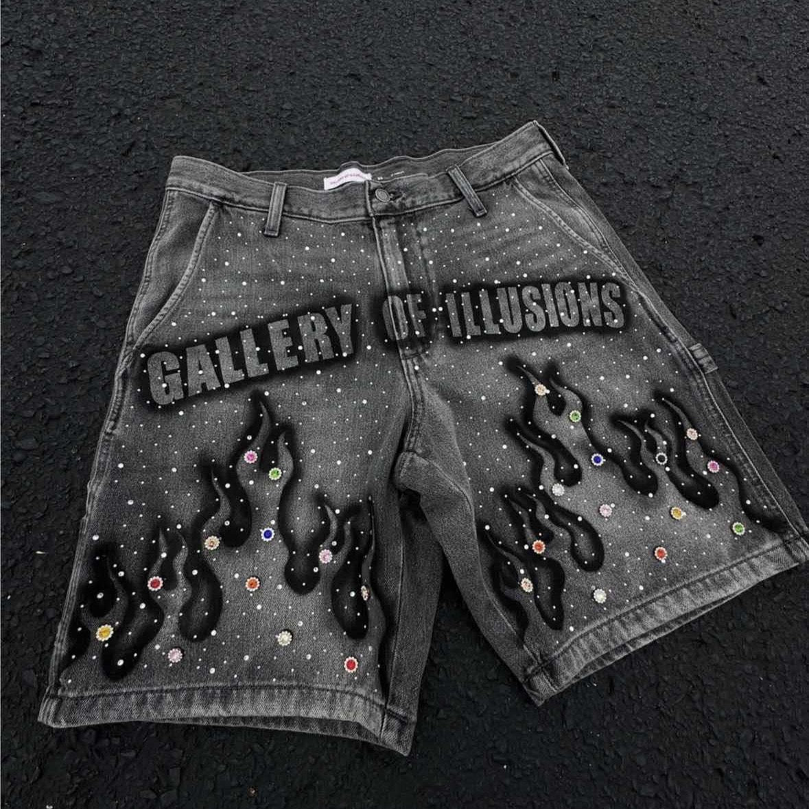 Y2K Cross-Border Export Summer High Street Trendy Men's Shorts Hand-Painted Printed Hot Diamond Loose Denim Shorts for Men