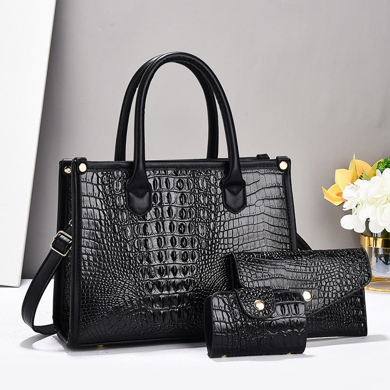 Elegant Black Faux Crocodile Leather Accessory Set