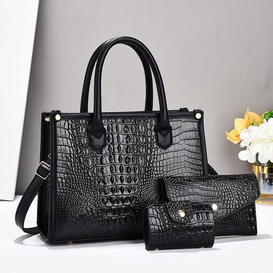 Elegant Black Faux Crocodile Leather Accessory Set