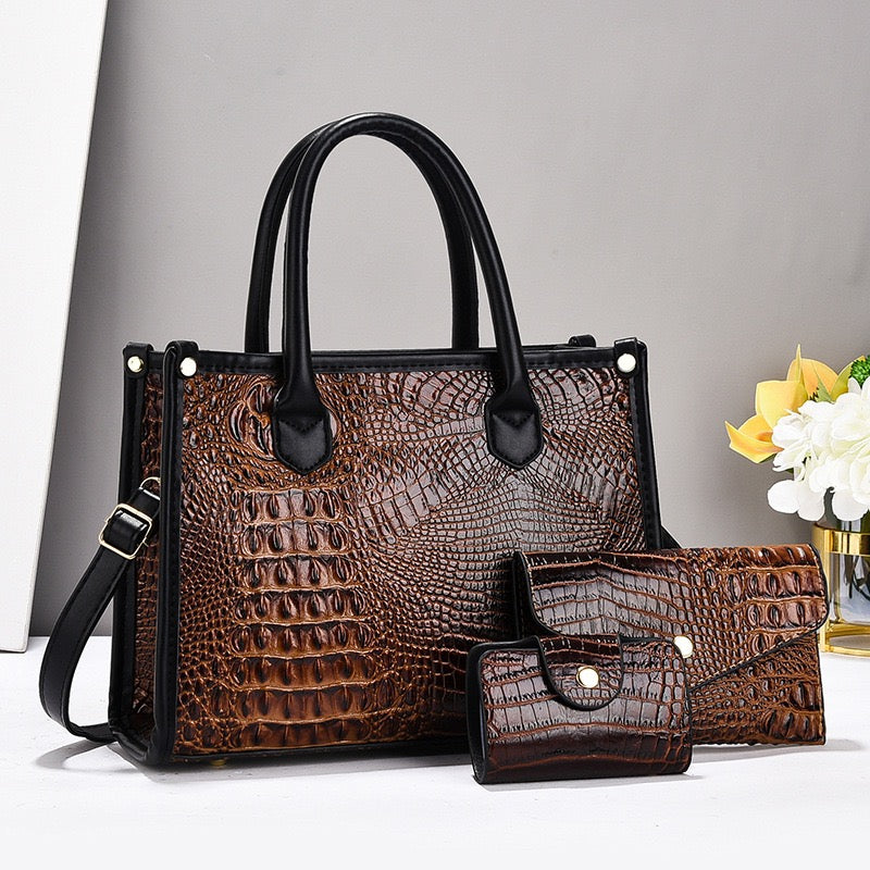 Elegant Black Faux Crocodile Leather Accessory Set