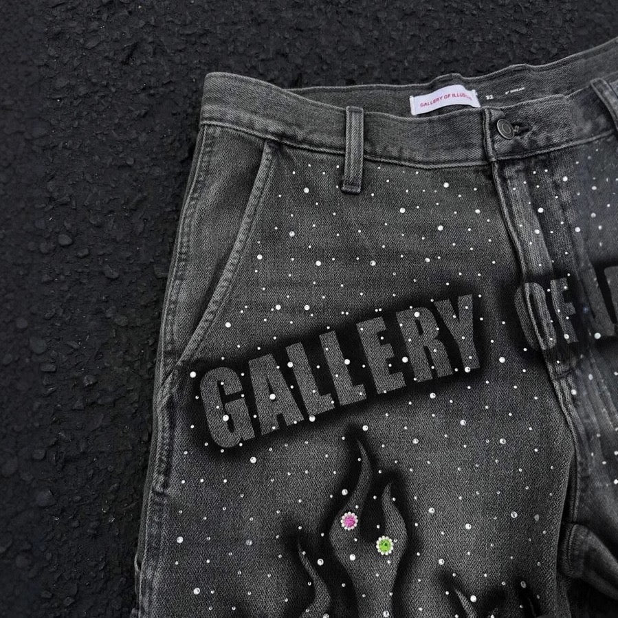 Y2K Cross-Border Export Summer High Street Trendy Men's Shorts Hand-Painted Printed Hot Diamond Loose Denim Shorts for Men