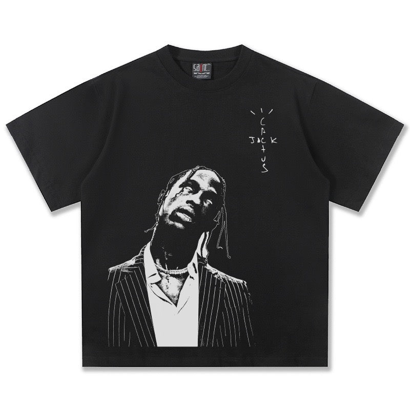 2026 Cross-border Summer Travis Scott American Short-sleeved Heavy Men's T-shirt Direct Injection Printed Short-sleeved Men's