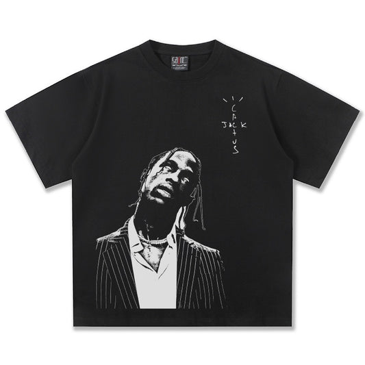 2026 Cross-border Summer Travis Scott American Short-sleeved Heavy Men's T-shirt Direct Injection Printed Short-sleeved Men's