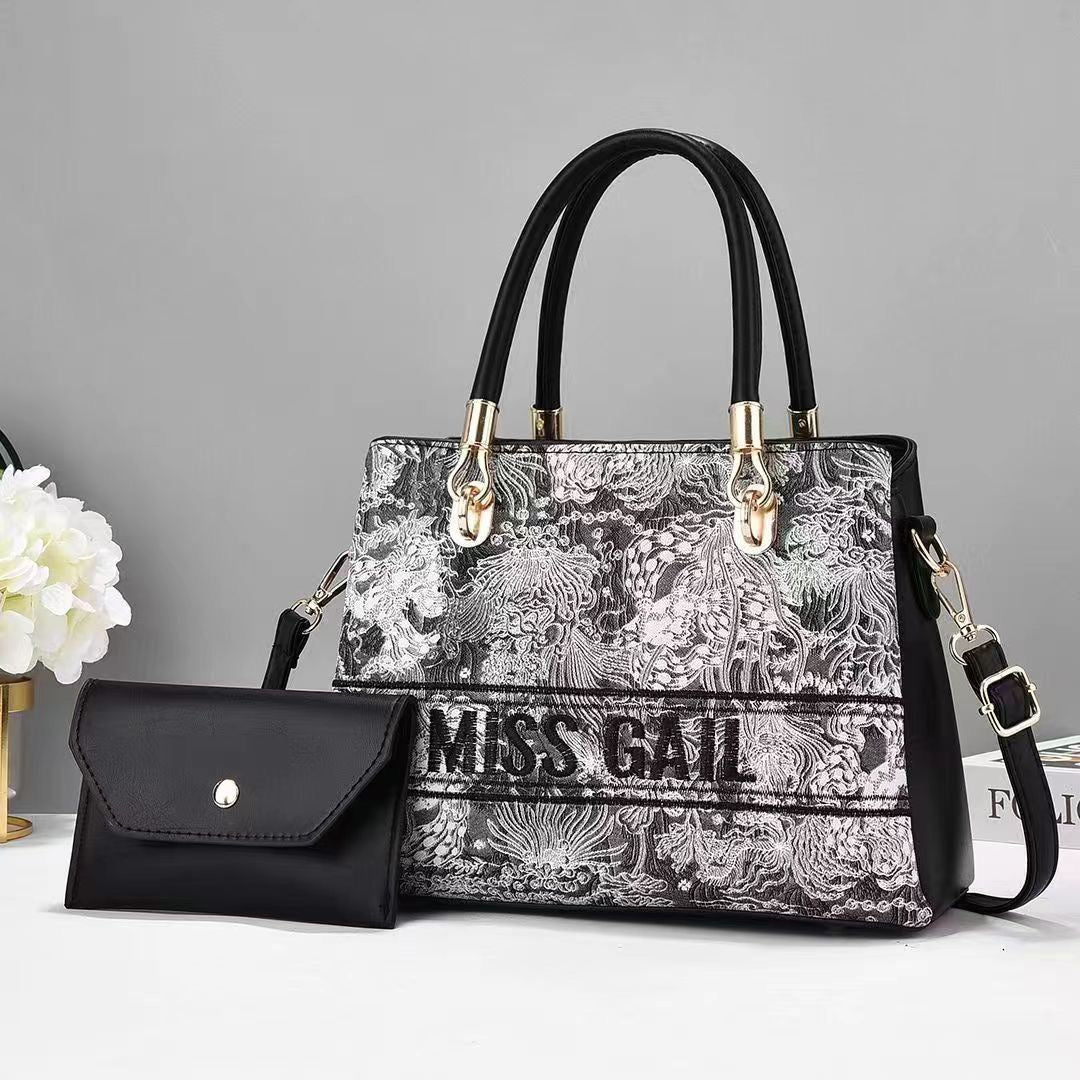 MISS GALE Embroidered Handbag & Wallet Set – Midnight Blue Elegance