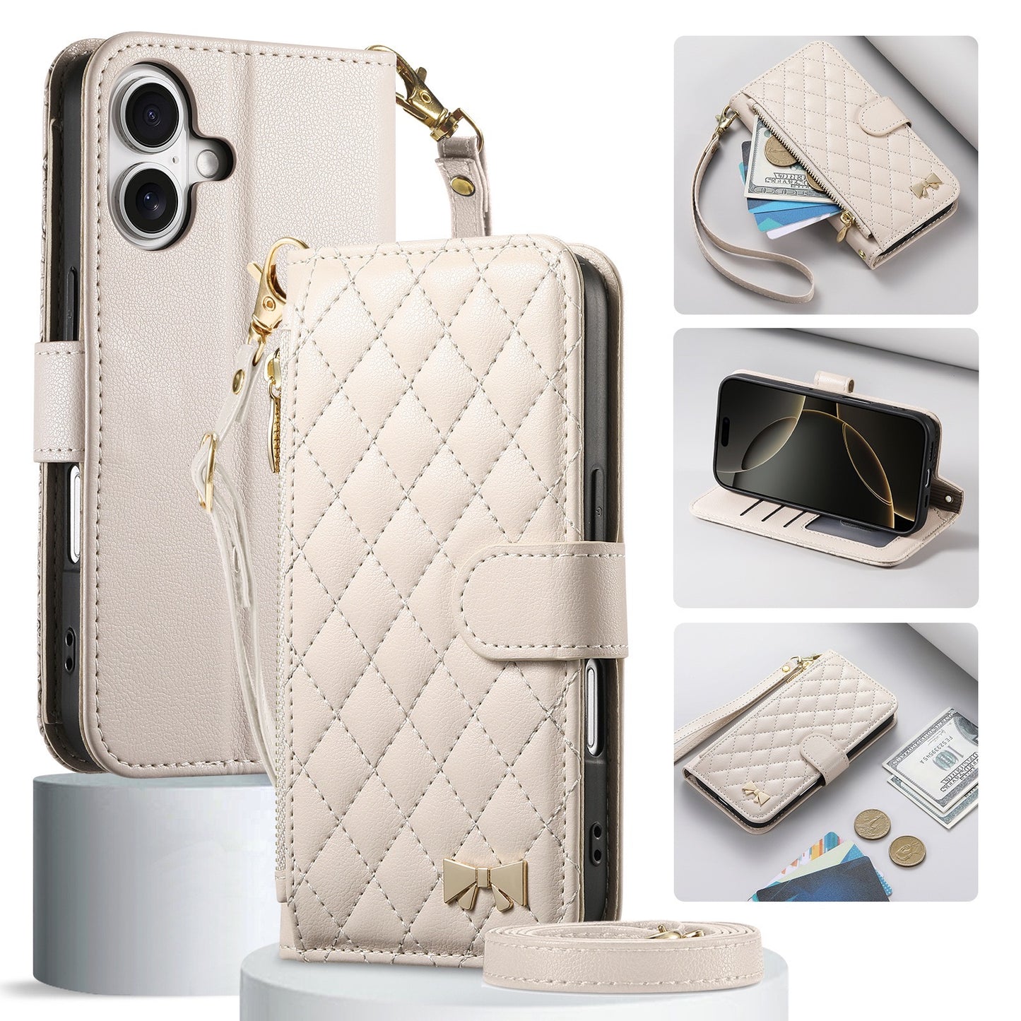 New High-Quality Small Fragrance Style Suitable for Iphone17 Flip Phone Leather Case Long Hand Rope 15 Storage Apple 16 Case