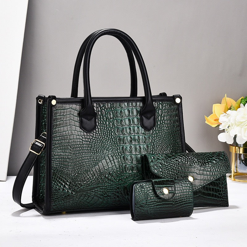 Elegant Black Faux Crocodile Leather Accessory Set