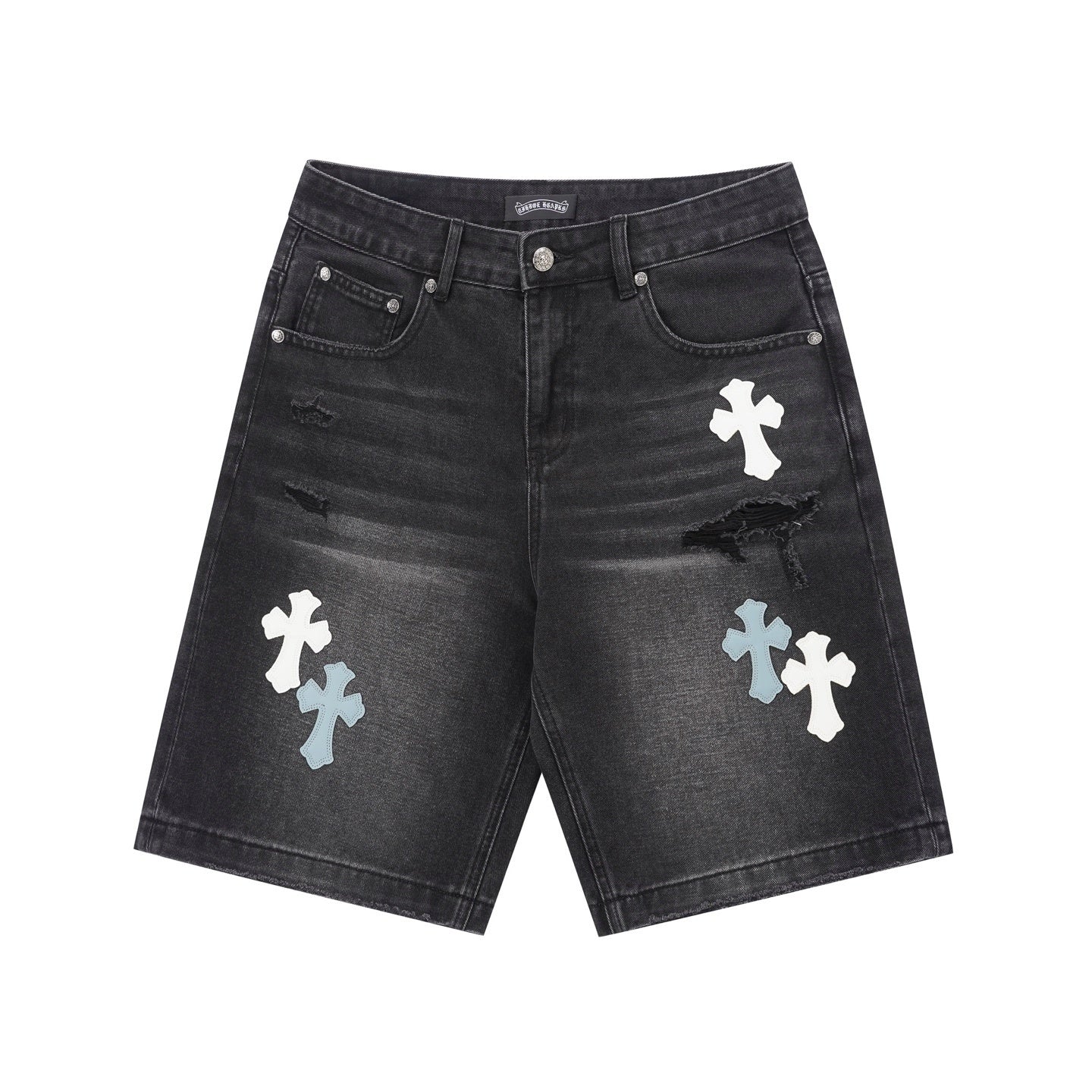 Chrome Hearts Cross Patch Distressed Denim Shorts