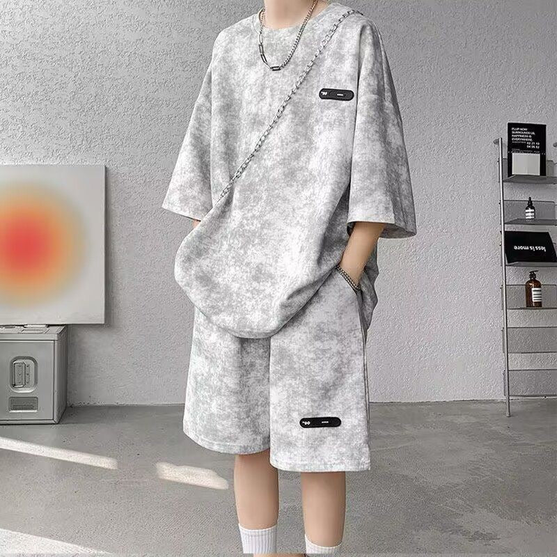 Summer Suit Men's Niche Design Tie-Dye Three-Quarter Sleeve T-Shirt Shorts Trendyy Cool and Handsome Plus Size Men's Clothing Set