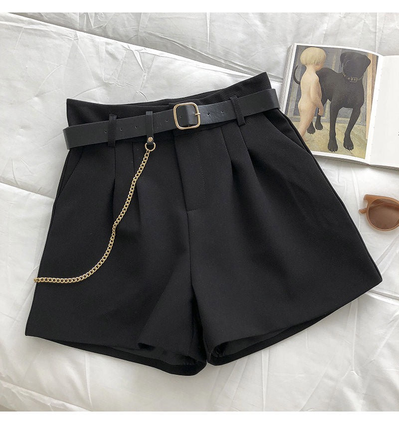 Chic Black High-Waisted Pleated Shorts with Gold Chain Belt , SShopoza