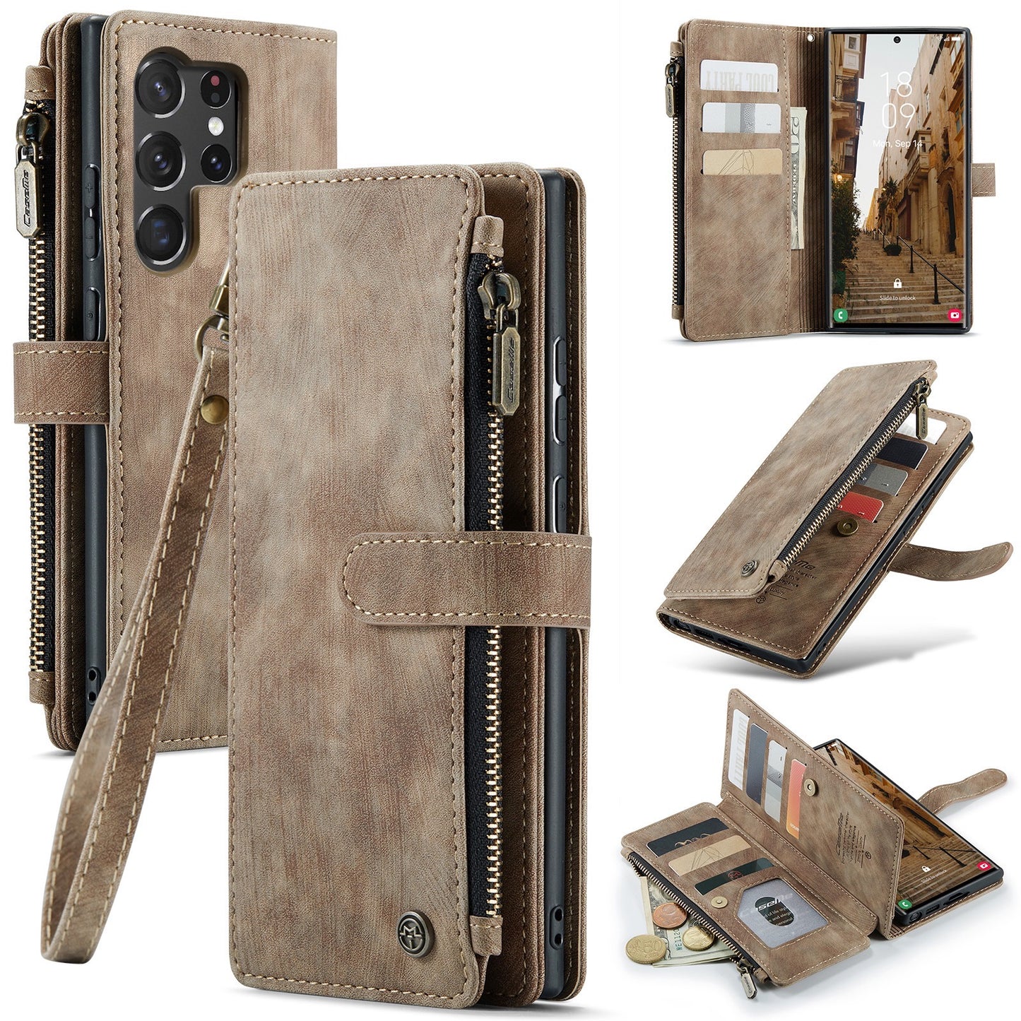CaseMe Light Luxury Multi-Card Slot Phone Case for Samsung s23/s23plus/s23ultra Bracket Leather Case