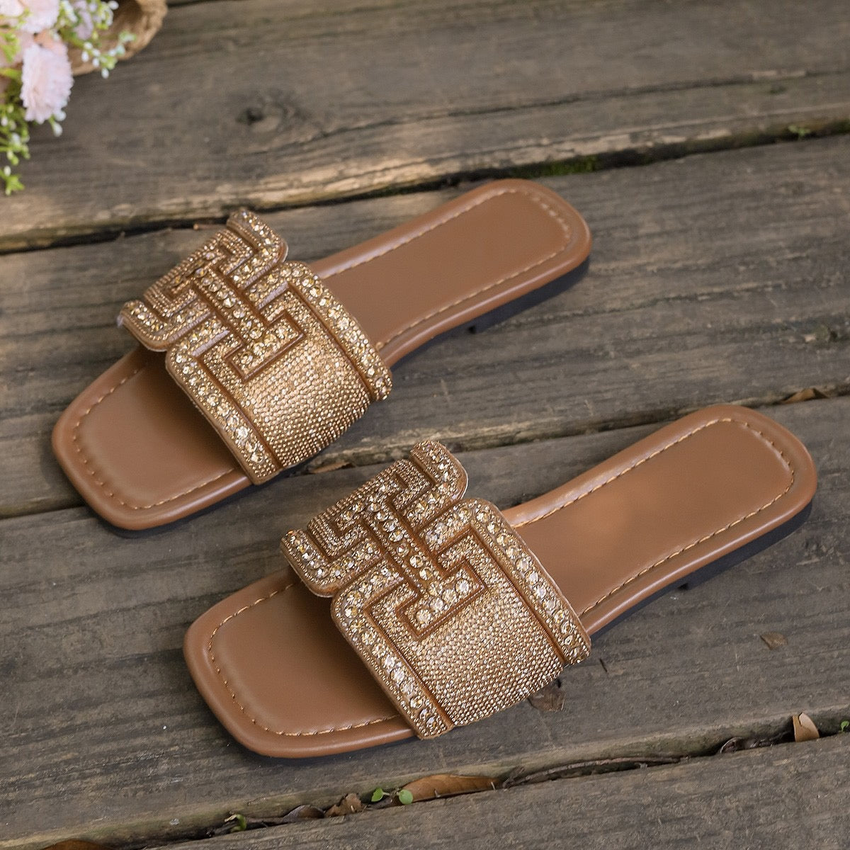 Black Rhinestone Slip-On Sandals ( fille)