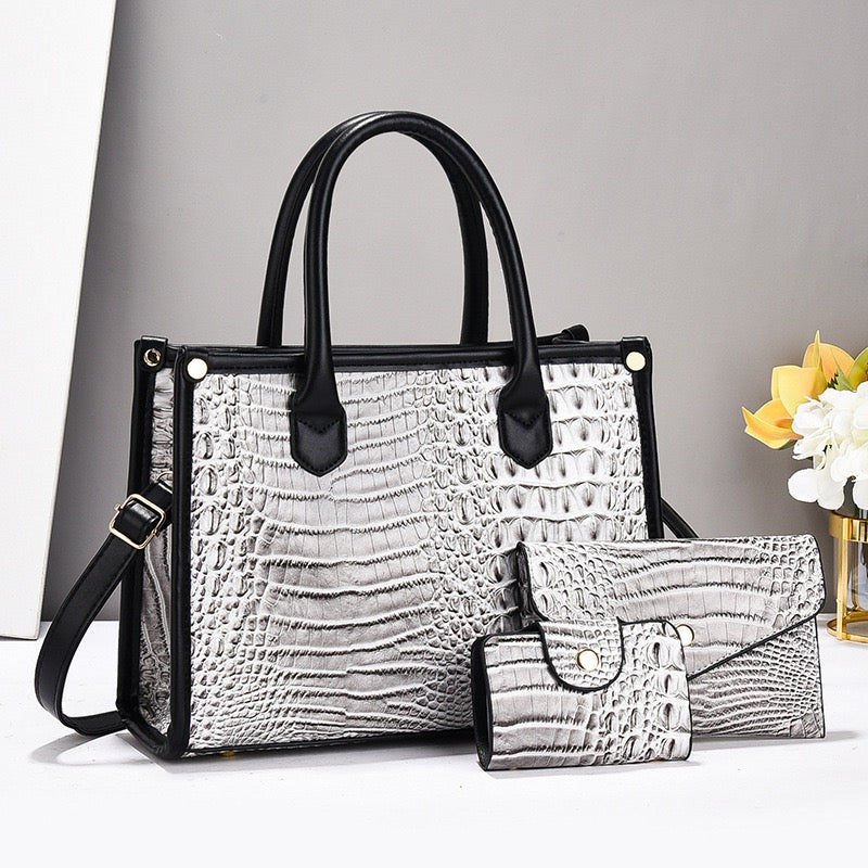 Elegant Black Faux Crocodile Leather Accessory Set