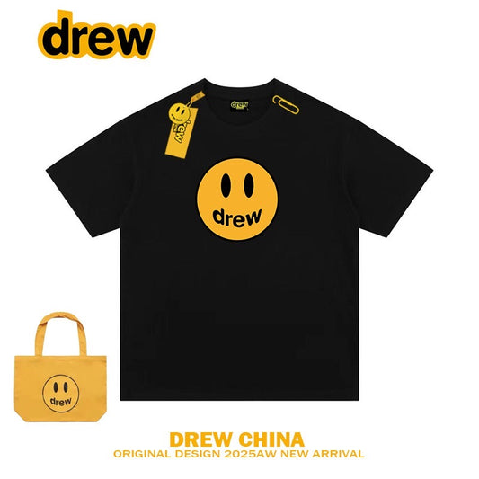 Drew American Trendy Brand Smiley Face Printed Heavy Short-Sleeved T-Shirt for Women and Men High Street Loose Couple Half-Sleeved T-Shirt Top