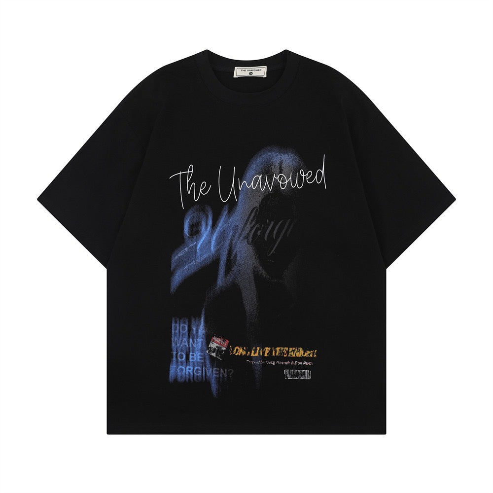 Abstract Figure Print Short-sleeved T-shirt Men's Summer Loose Dark Style Trendy Brand Ins Casual Crewneck Breathable T-shirt