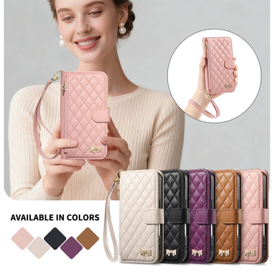New High-Quality Small Fragrance Style Suitable for Iphone17 Flip Phone Leather Case Long Hand Rope 15 Storage Apple 16 Case