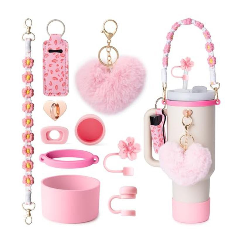 Pink & Floral Tumbler Accessory Set