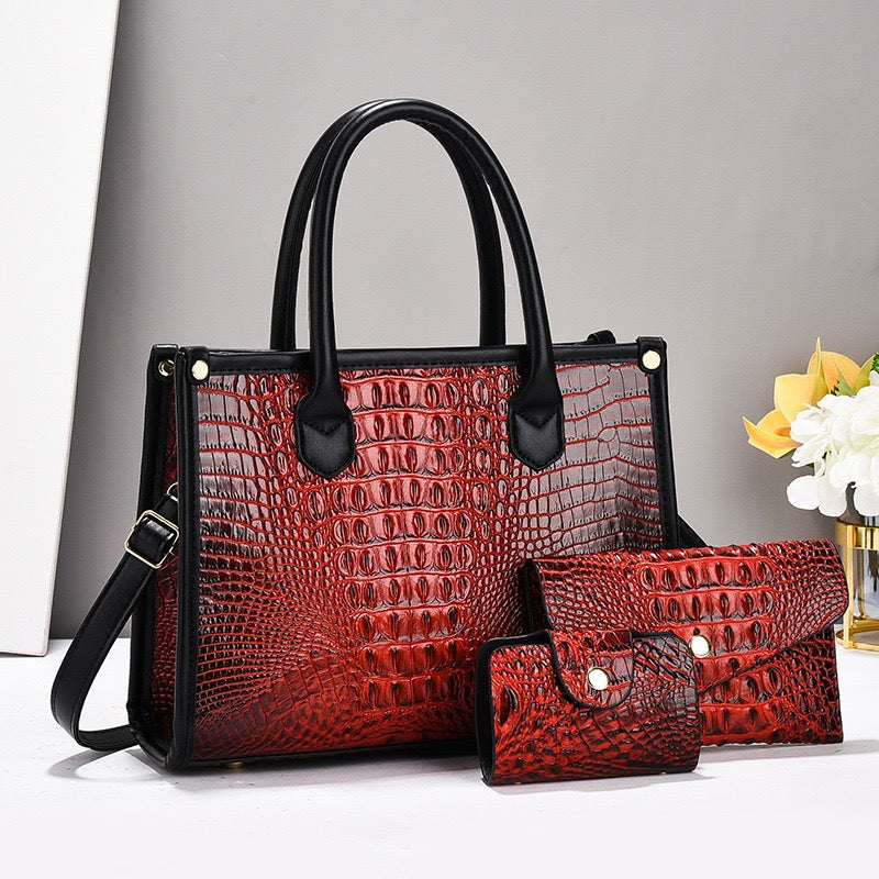 Elegant Black Faux Crocodile Leather Accessory Set