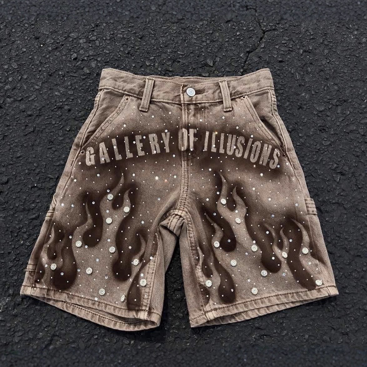 Y2K Cross-Border Export Summer High Street Trendy Men's Shorts Hand-Painted Printed Hot Diamond Loose Denim Shorts for Men