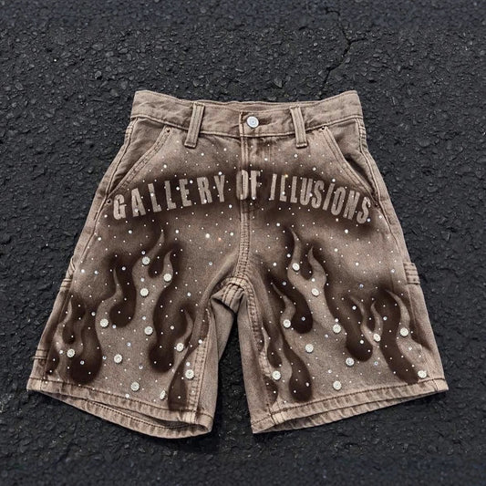 Y2K Cross-Border Export Summer High Street Trendy Men's Shorts Hand-Painted Printed Hot Diamond Loose Denim Shorts for Men
