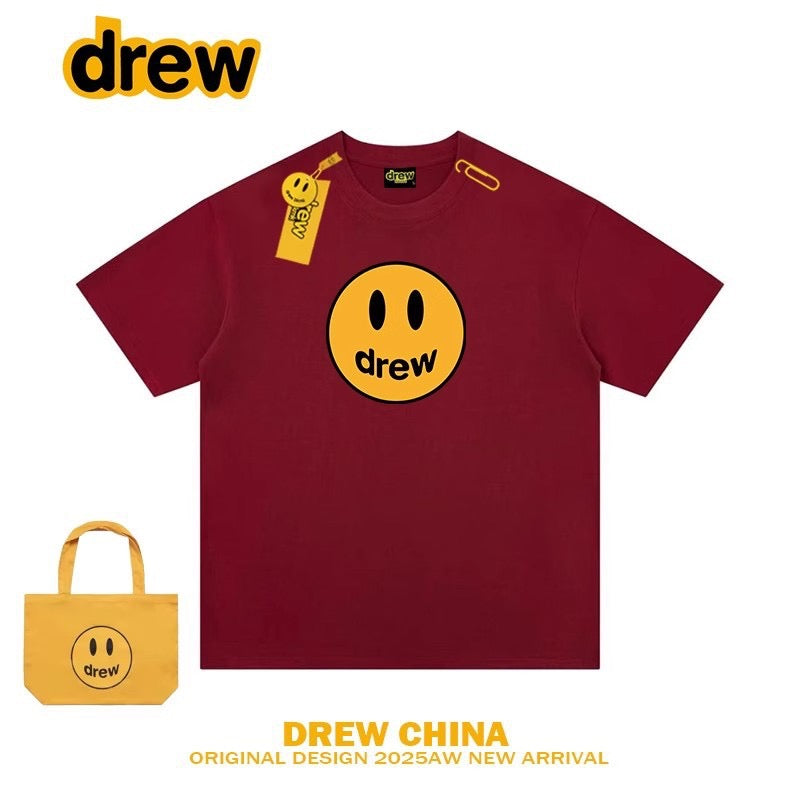 Drew American Trendy Brand Smiley Face Printed Heavy Short-Sleeved T-Shirt for Women and Men High Street Loose Couple Half-Sleeved T-Shirt Top