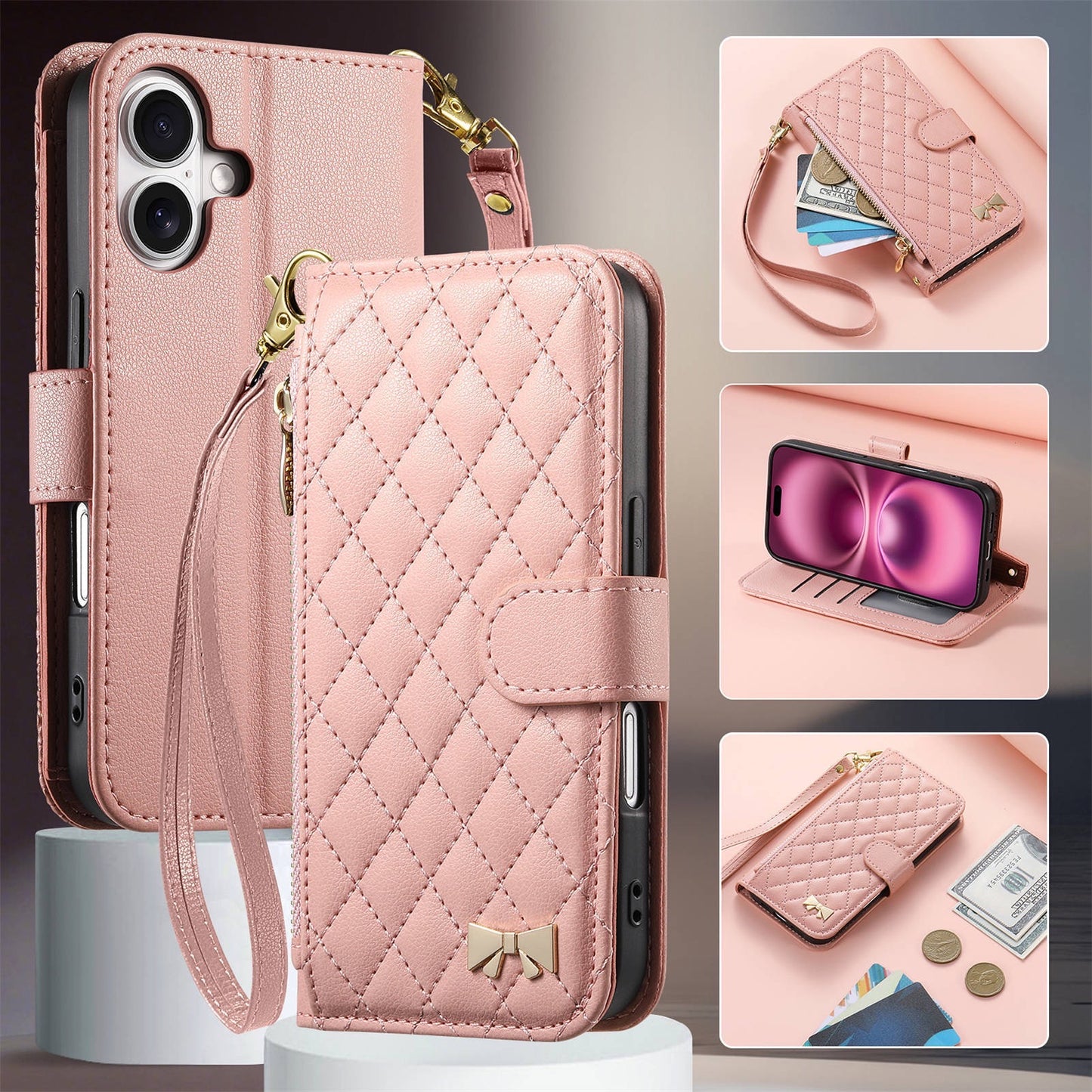 New High-Quality Small Fragrance Style Suitable for Iphone17 Flip Phone Leather Case Long Hand Rope 15 Storage Apple 16 Case