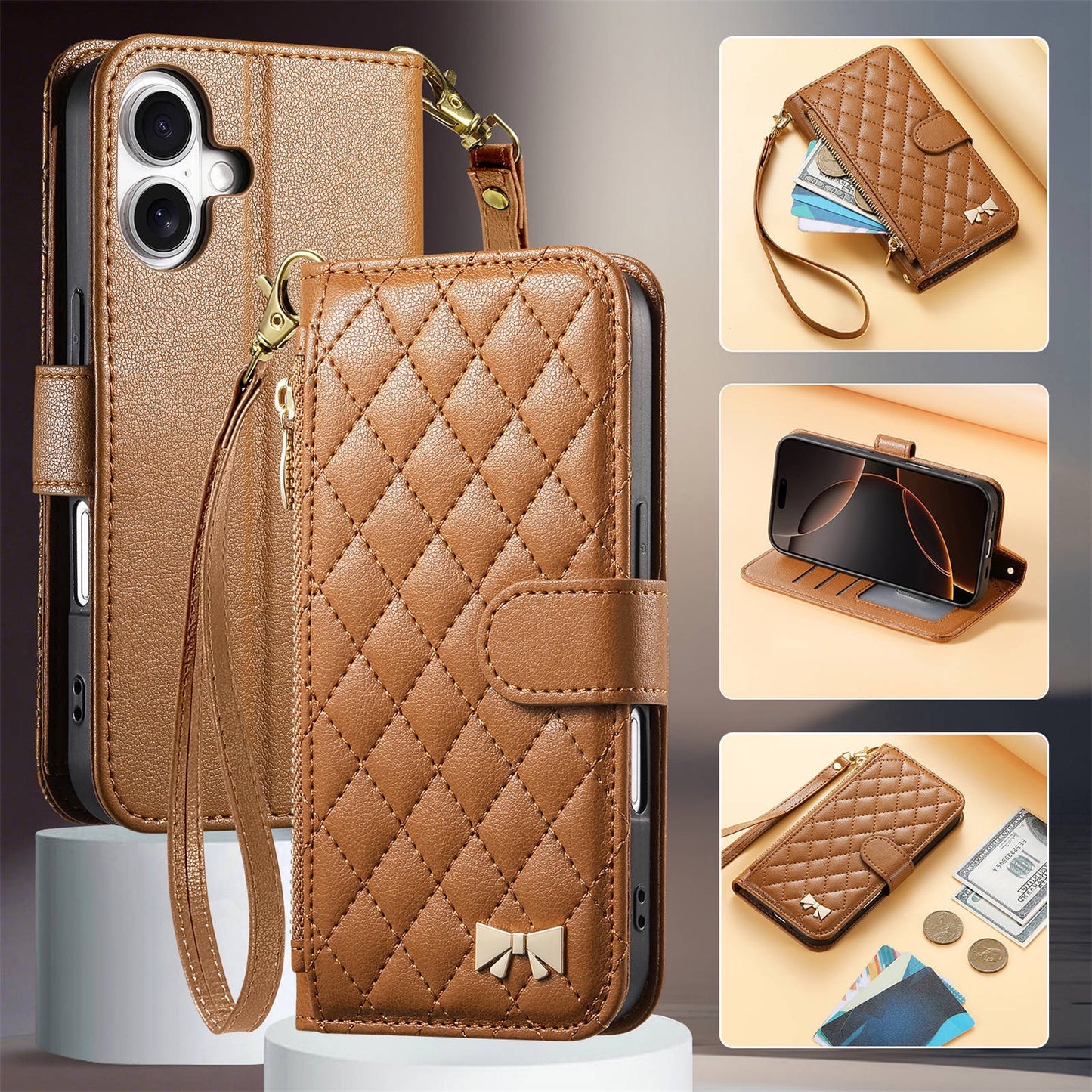 New High-Quality Small Fragrance Style Suitable for Iphone17 Flip Phone Leather Case Long Hand Rope 15 Storage Apple 16 Case