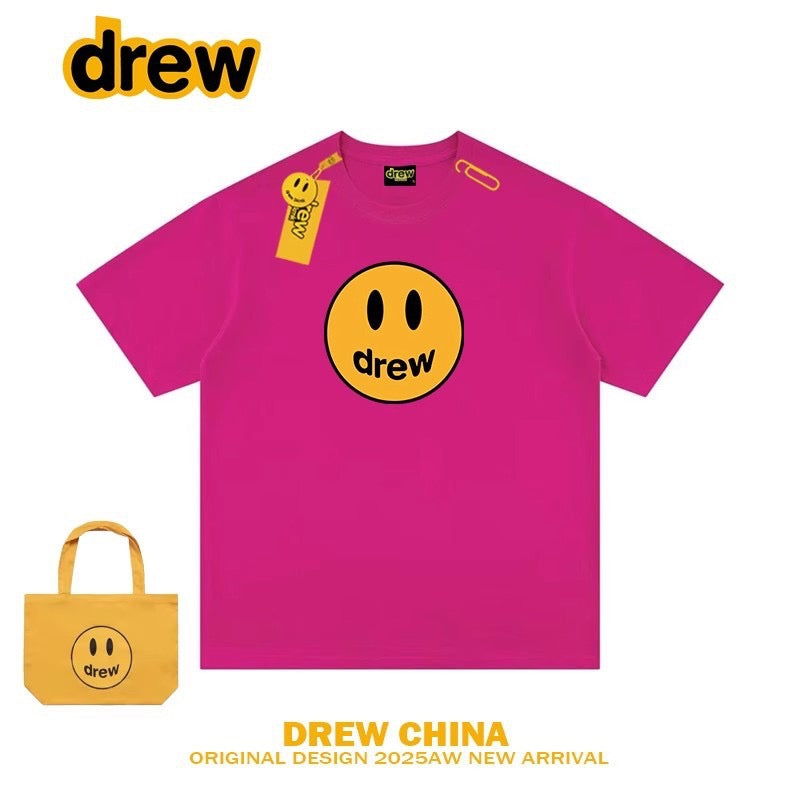 Drew American Trendy Brand Smiley Face Printed Heavy Short-Sleeved T-Shirt for Women and Men High Street Loose Couple Half-Sleeved T-Shirt Top