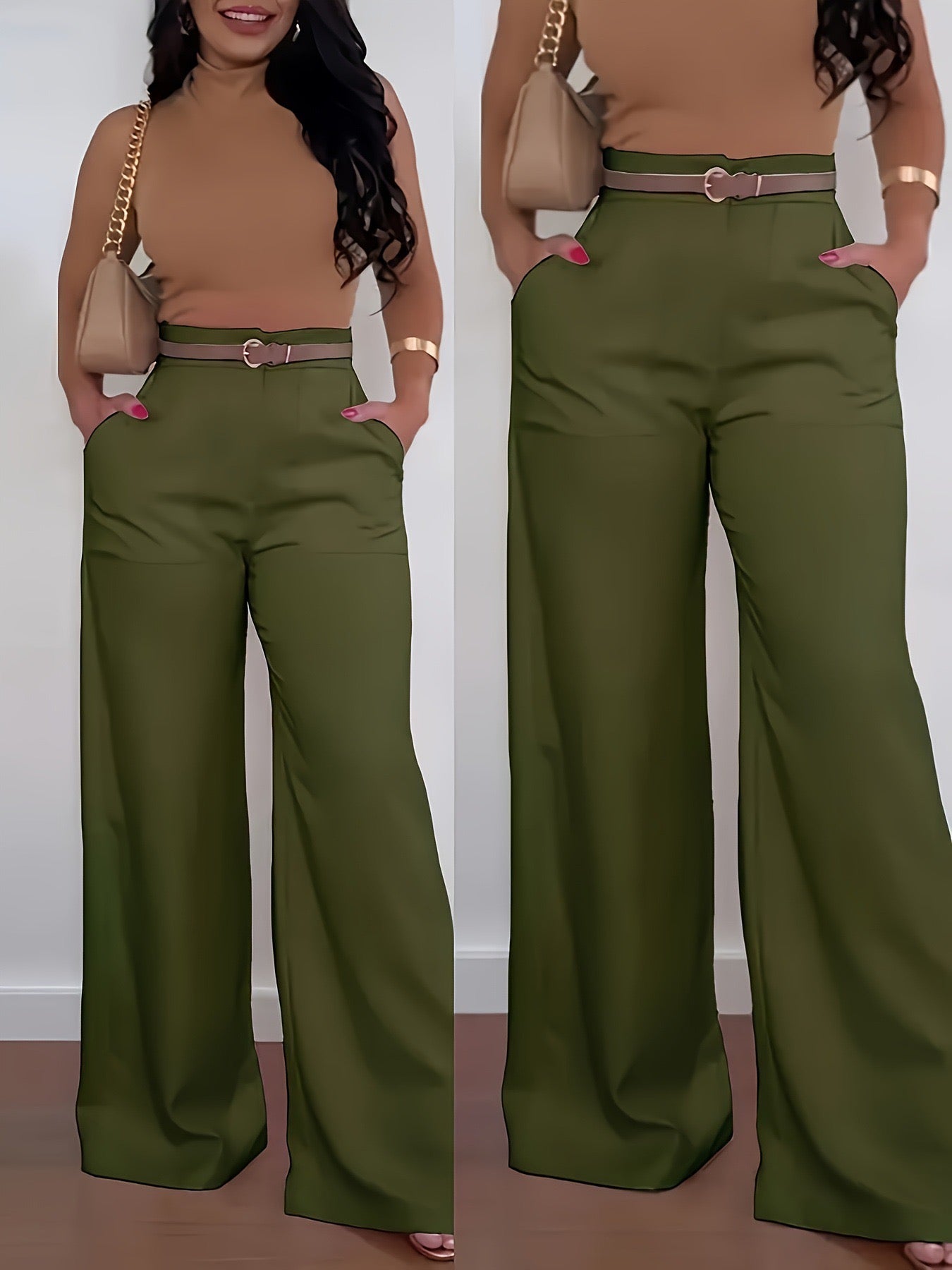 Chic Camel Top & Cream Wide-Leg Trousers Set SShopoza
